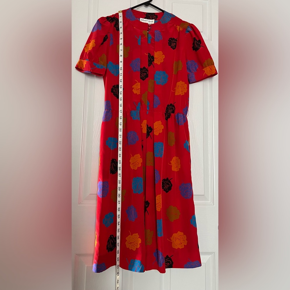 VINTAGE 1980s Albert Nipon Red Dress with Multicolor Floral Pattern Size 4 Korea - Picture 4 of 13